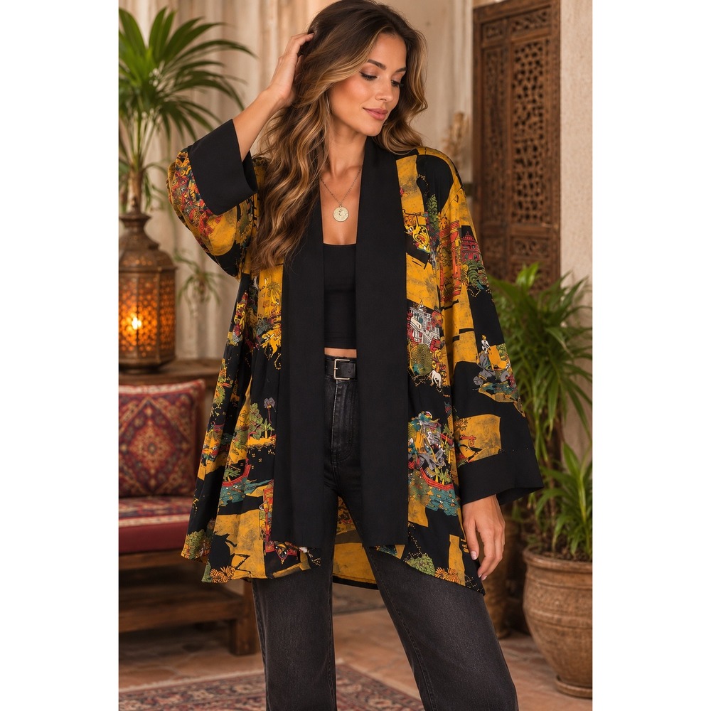 Vintage Sharon Anthony Boho Maximalist Asian Scenic Print Cardigan Kimono 18W